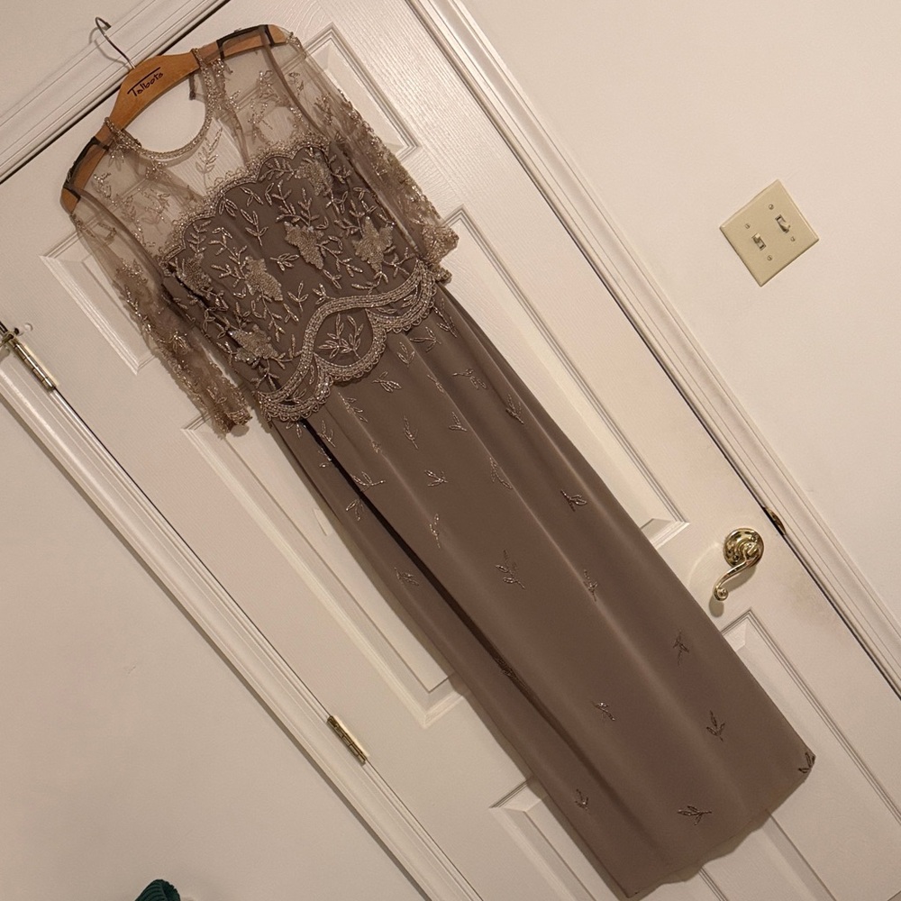 Jovani Taupe Beaded Gown